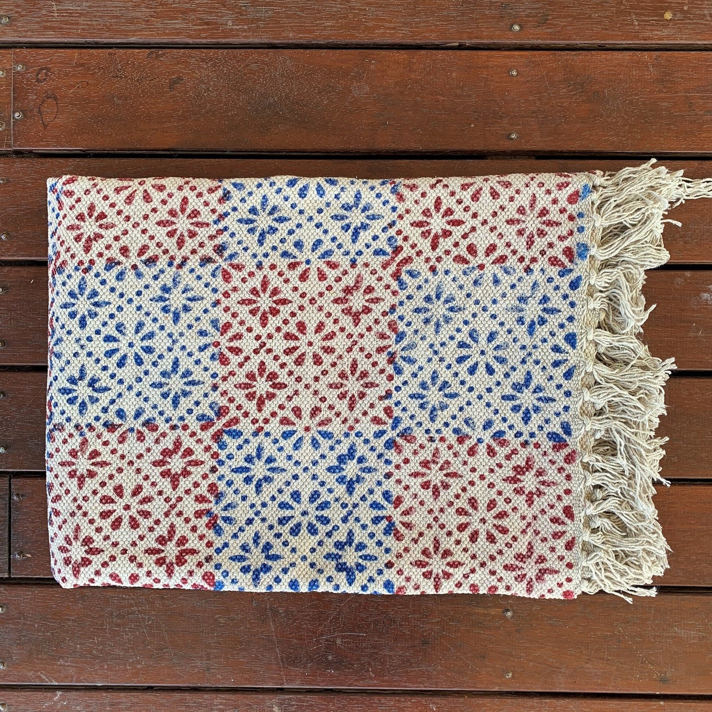 Handmade Beautiful Floral Block Print Cotton Dari Carpet - Adore India