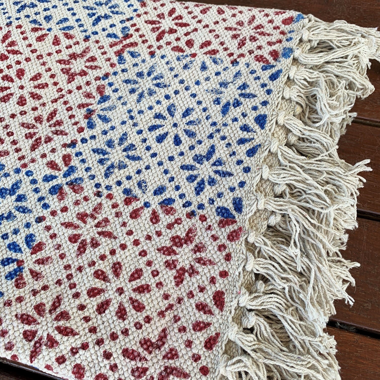 Handmade Beautiful Floral Block Print Cotton Dari Carpet - Adore India