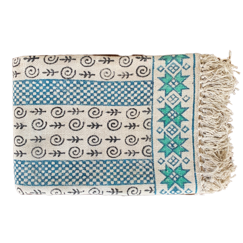 Handmade Beautiful Sarcelle Block Print Cotton Dari Carpet Serenity - Adore India