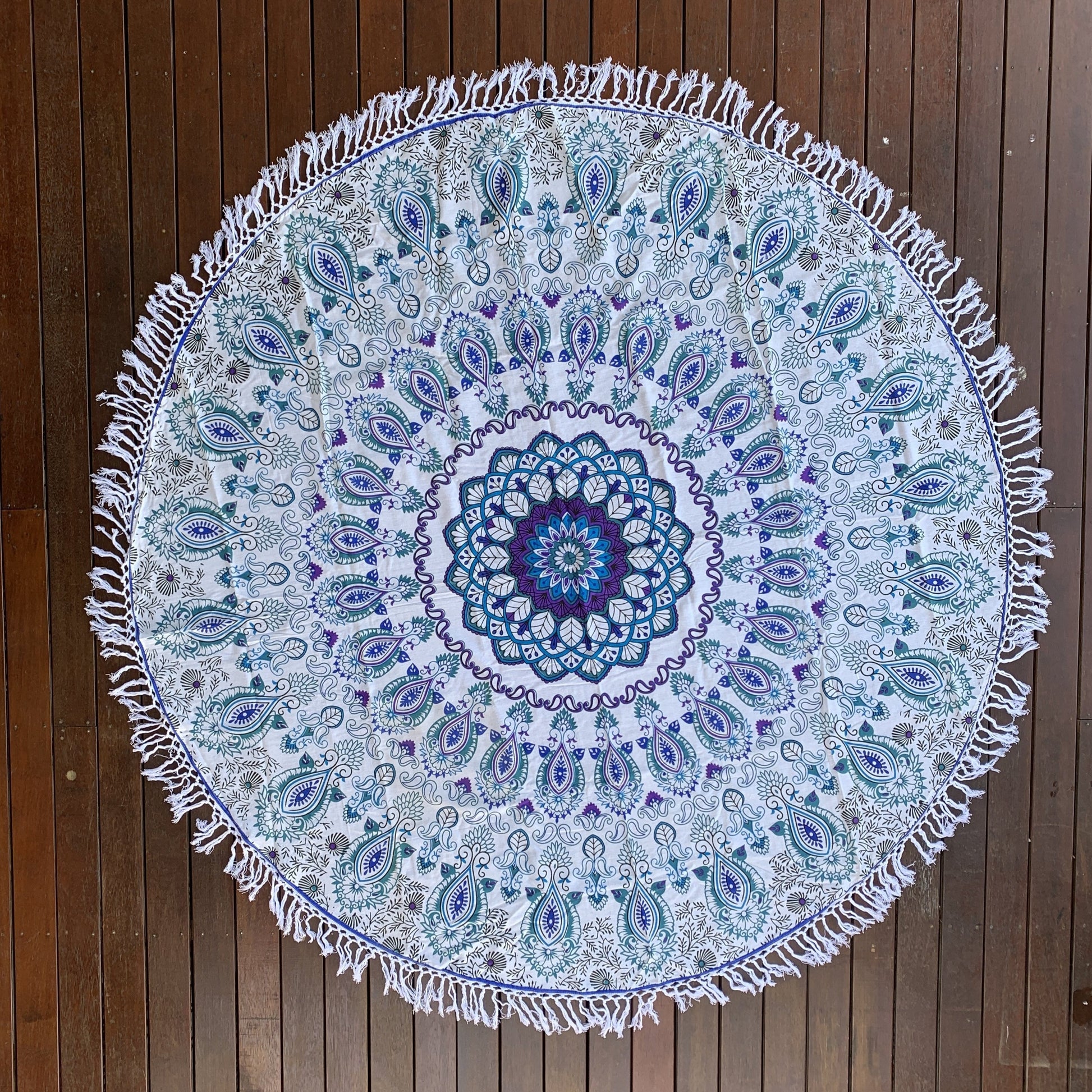 Beautiful  Blue Paisley Cotton Mandala Beach Round Throw - Adore India