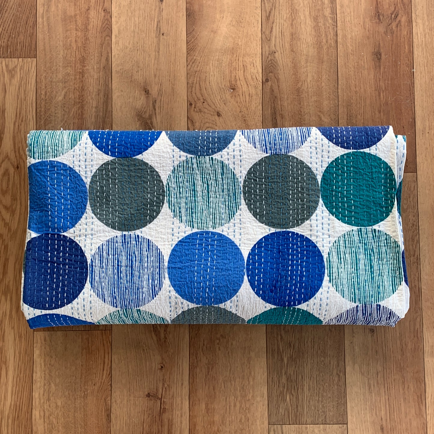 Handmade Blue Polka Dot Cotton Reversible Kantha Quilt Bedspread Throw - Adore India