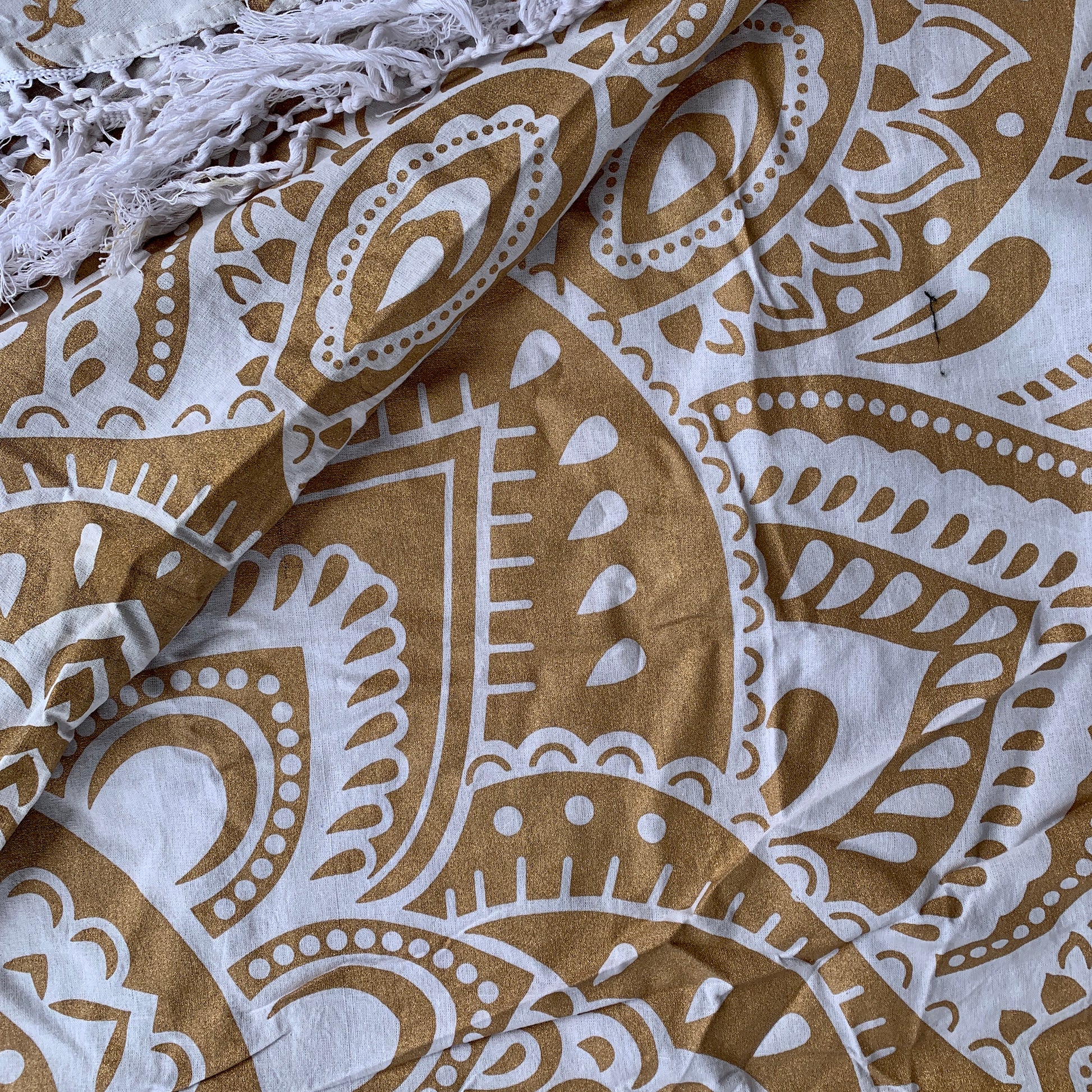 Bohemian Gold Printed Cotton Mandala Beach Roundie - Adore India