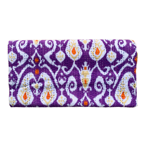 Indian Handmade Purple Paisley Ikat Print Kantha Quilt Bedspread - Adore India
