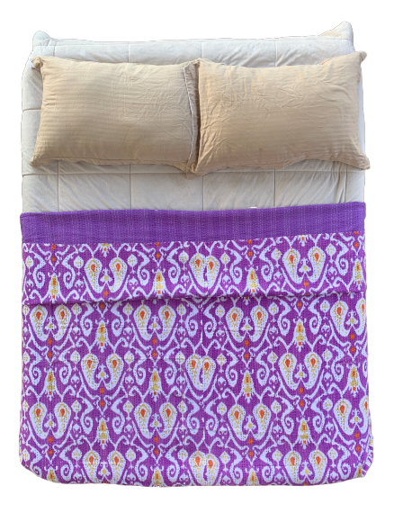 Indian Handmade Purple Paisley Ikat Print Kantha Quilt Bedspread - Adore India