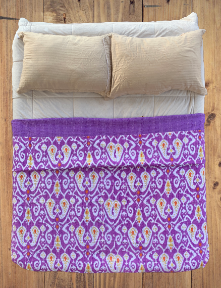 Indian Handmade Purple Paisley Ikat Print Kantha Quilt Bedspread - Adore India