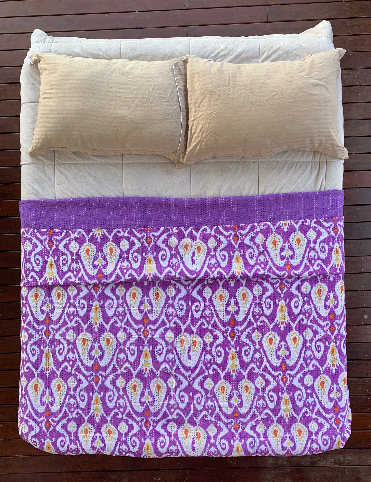 Indian Handmade Purple Paisley Ikat Print Kantha Quilt Bedspread - Adore India