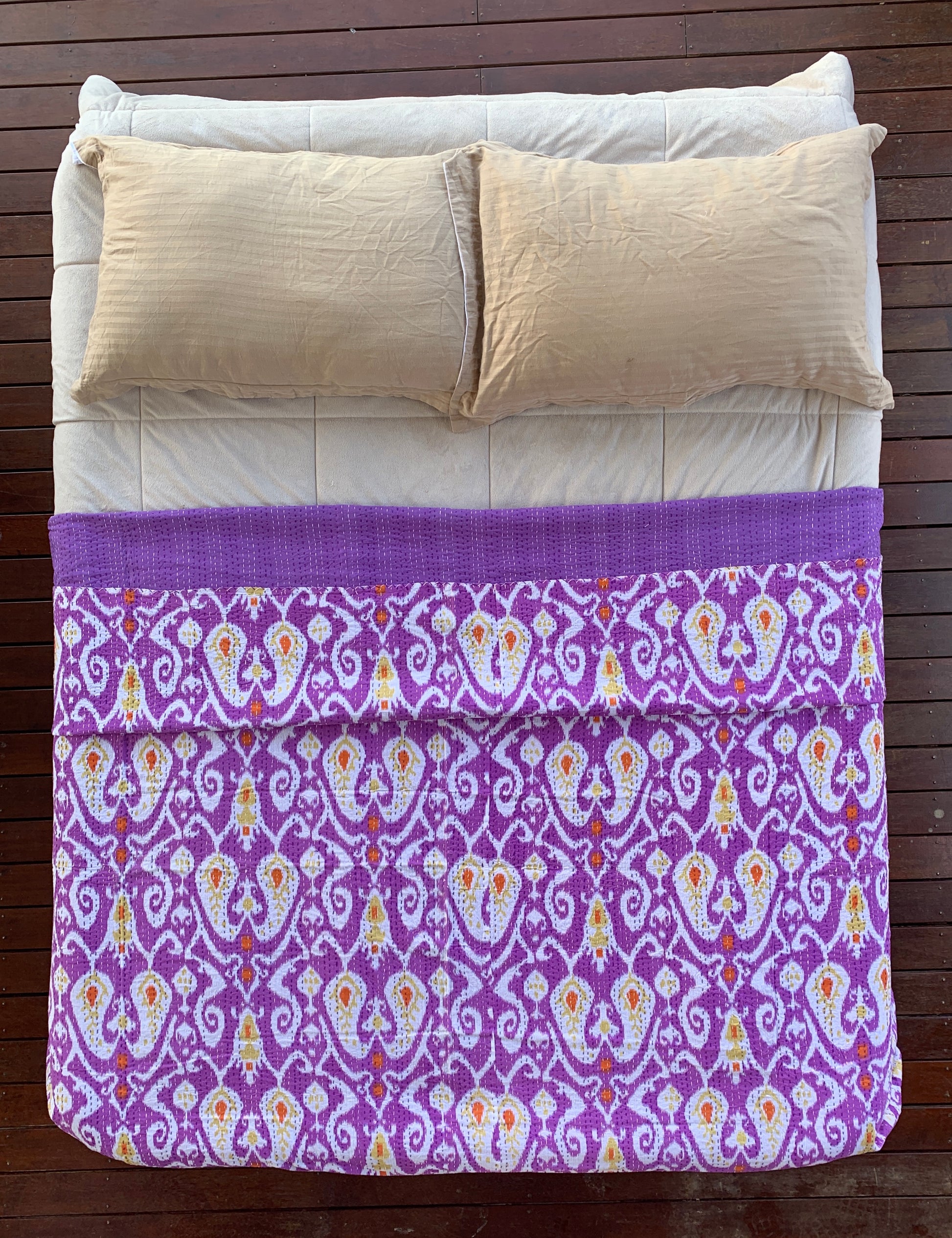 Indian Handmade Purple Paisley Ikat Print Kantha Quilt Bedspread - Adore India
