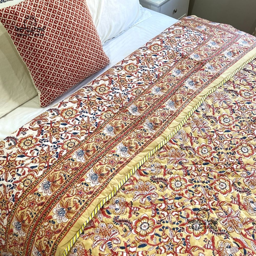 Yellow Ganesha Floral Cotton Padded Kantha Bedspread Quilt Comforter - Adore India