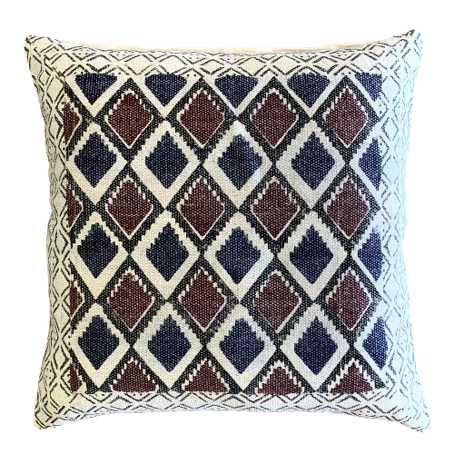 Geometrical Block Print Indigo Burgundy Cotton Dari Cushion Cover Euro Size 65x65cm - Adore India