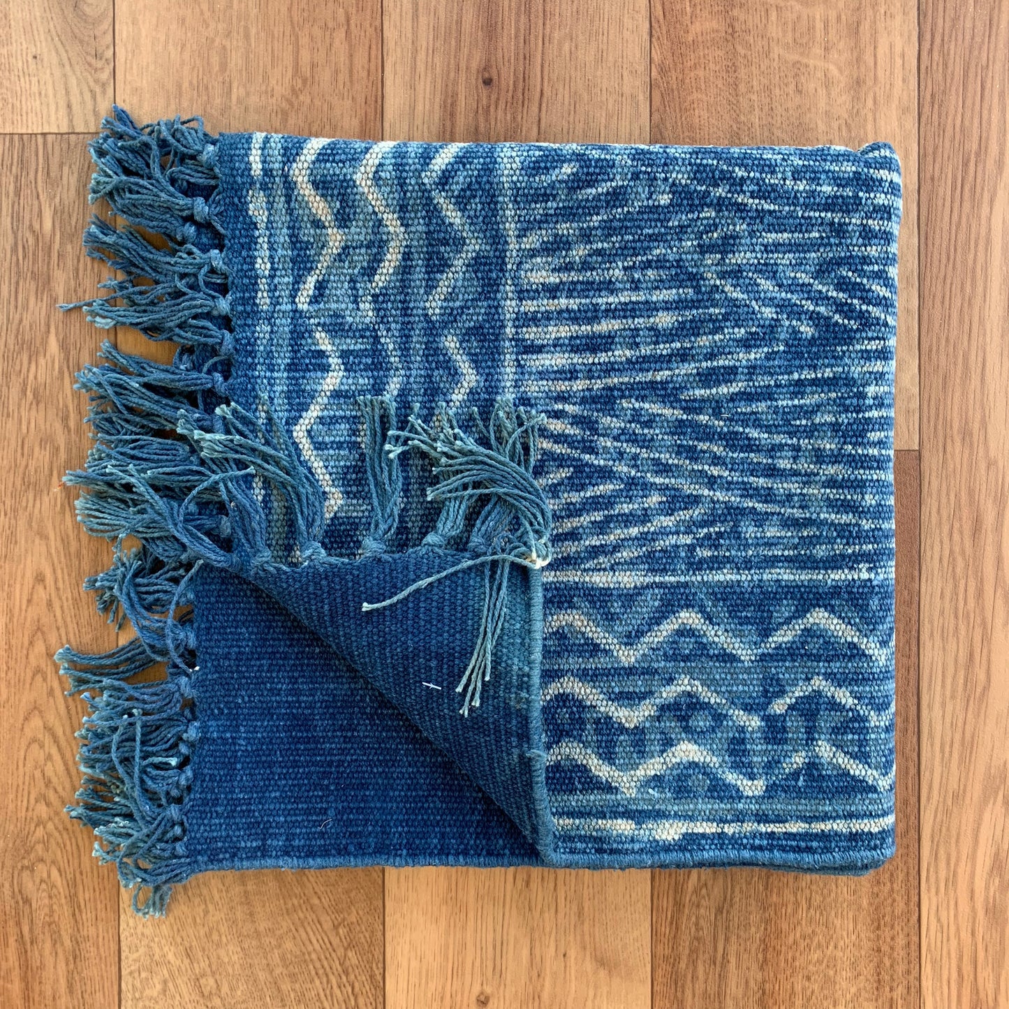 Handmade Stripe Block Print Indigo Cotton Dhurrie Carpet Runner - Adore India
