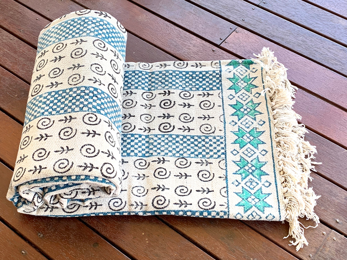 Handmade Beautiful Sarcelle Block Print Cotton Dari Carpet Serenity - Adore India