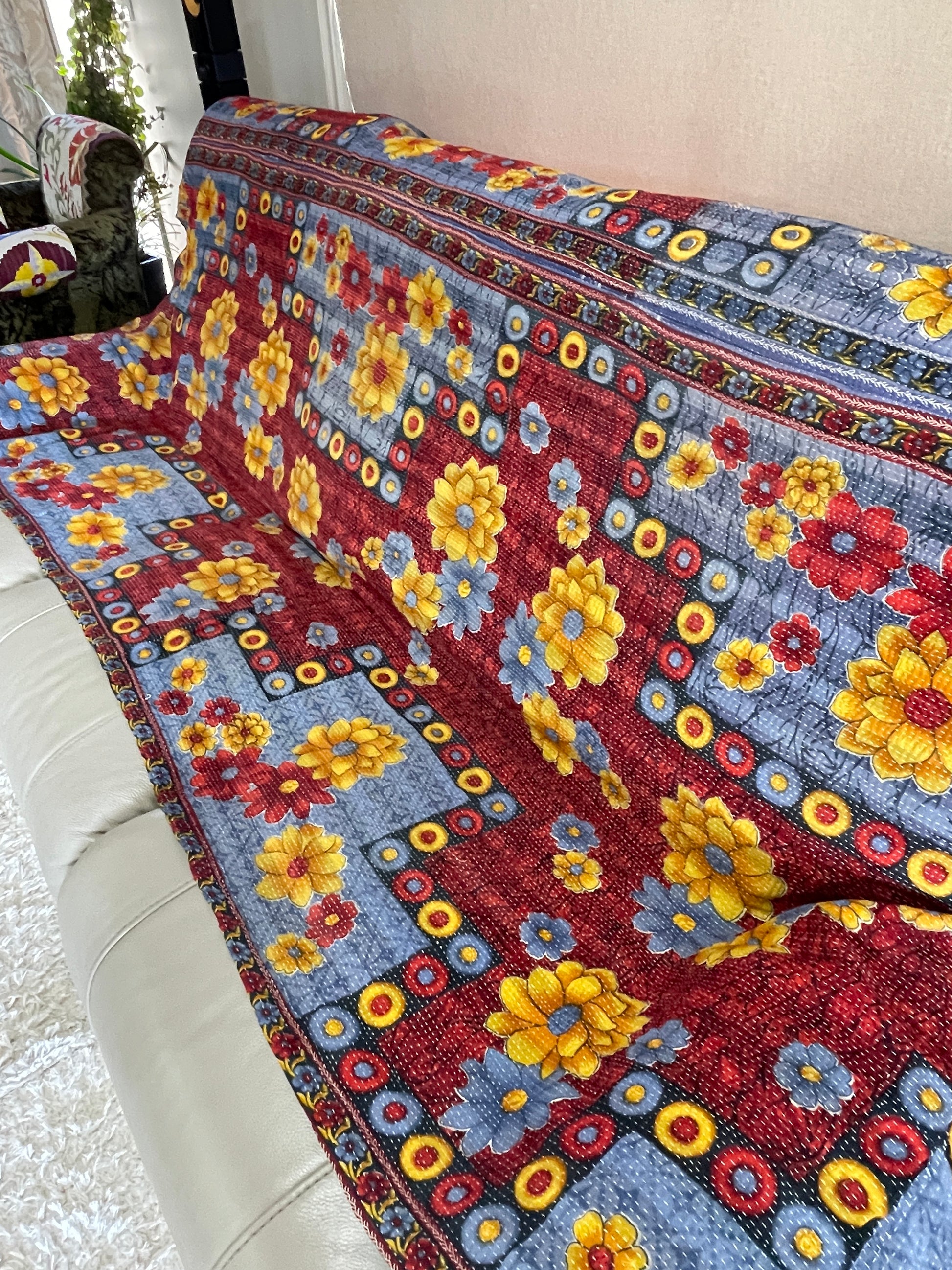 Hand Made Cotton Reversible Vintage Kantha Quilt Throw Bedspread Kavita - Adore India