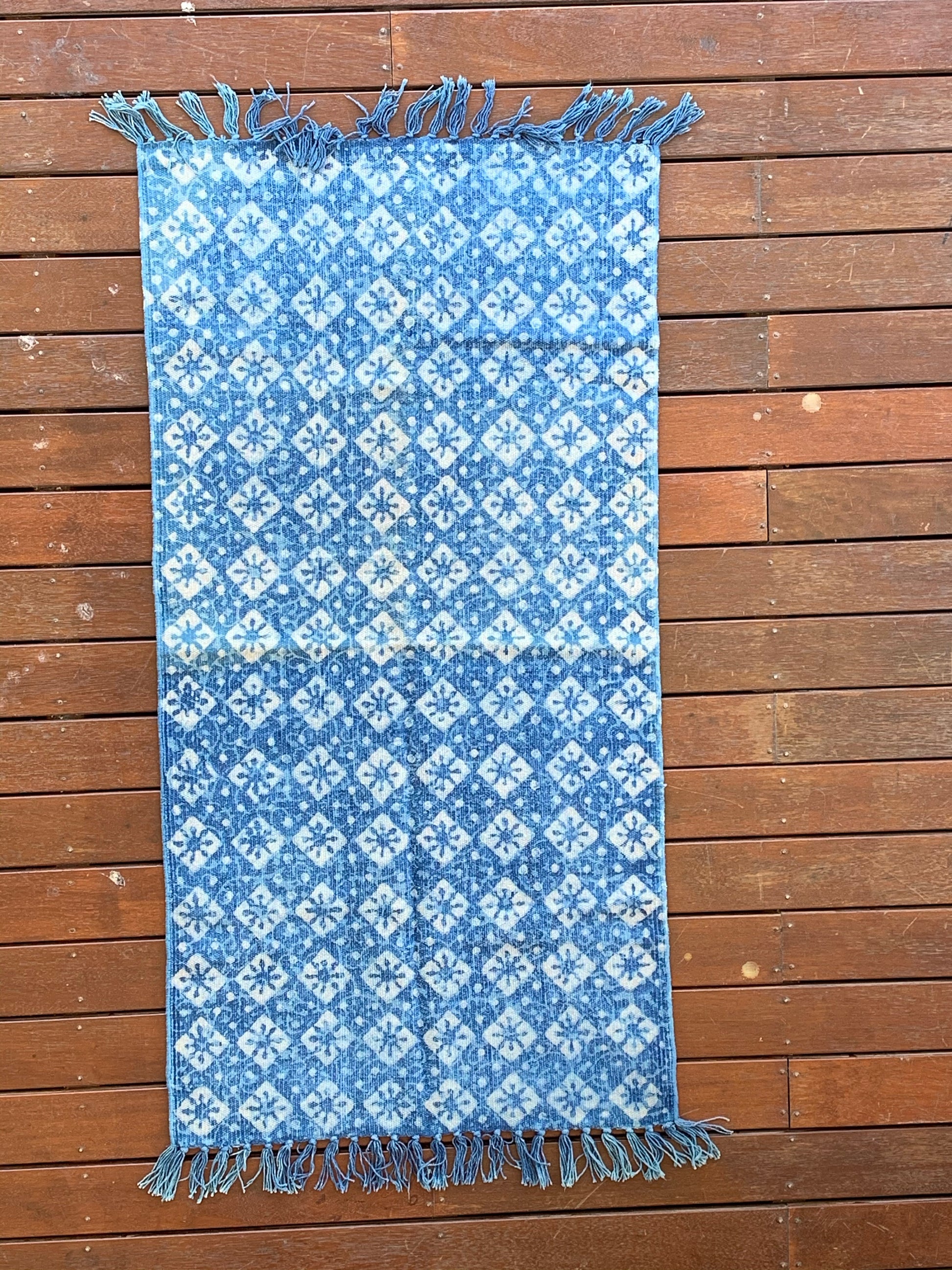 Handmade Geometrical Indigo Block Print Cotton Dhurrie Carpet Runner - Adore India