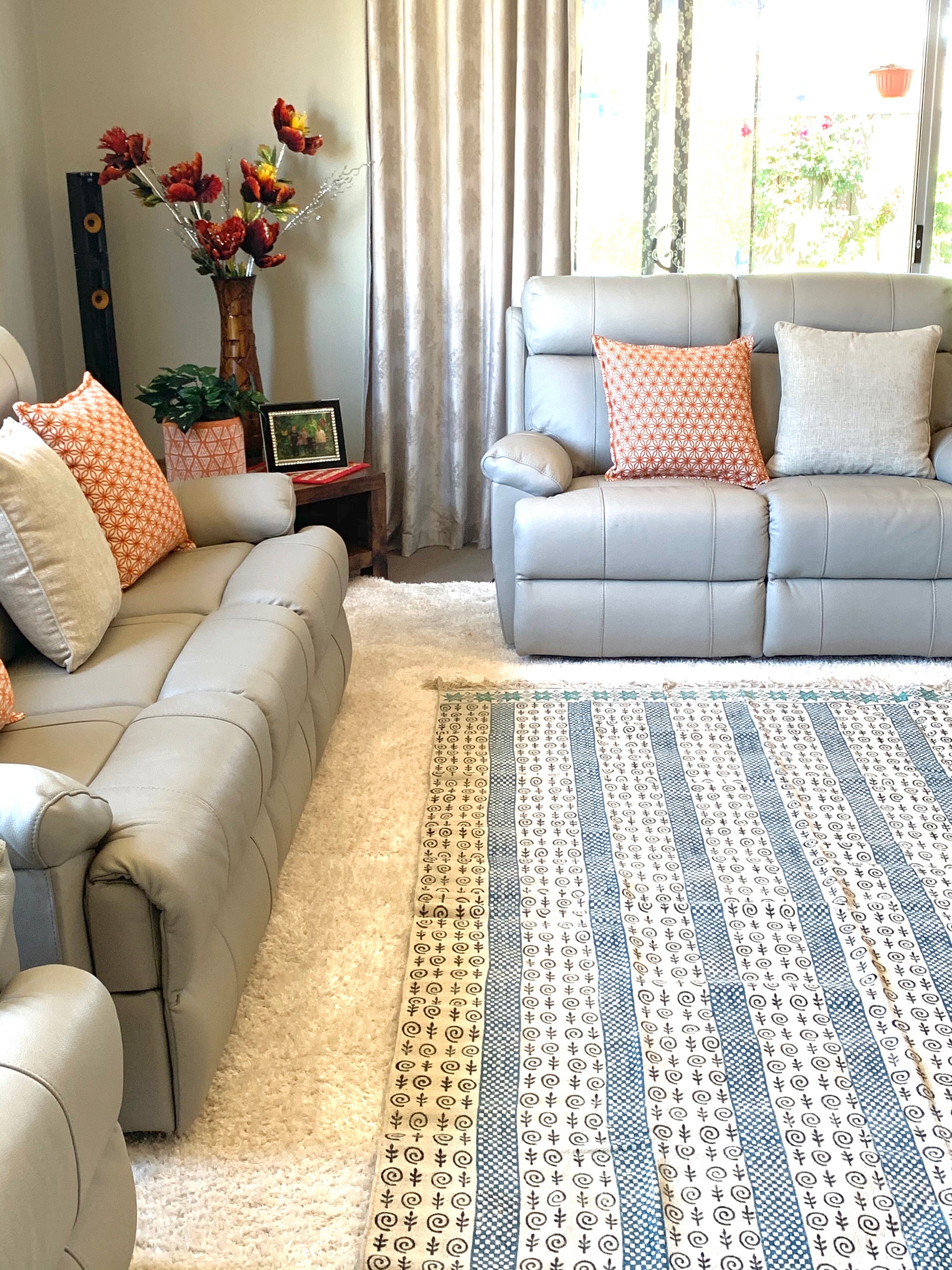 Handmade Beautiful Sarcelle Block Print Cotton Dari Carpet Serenity - Adore India