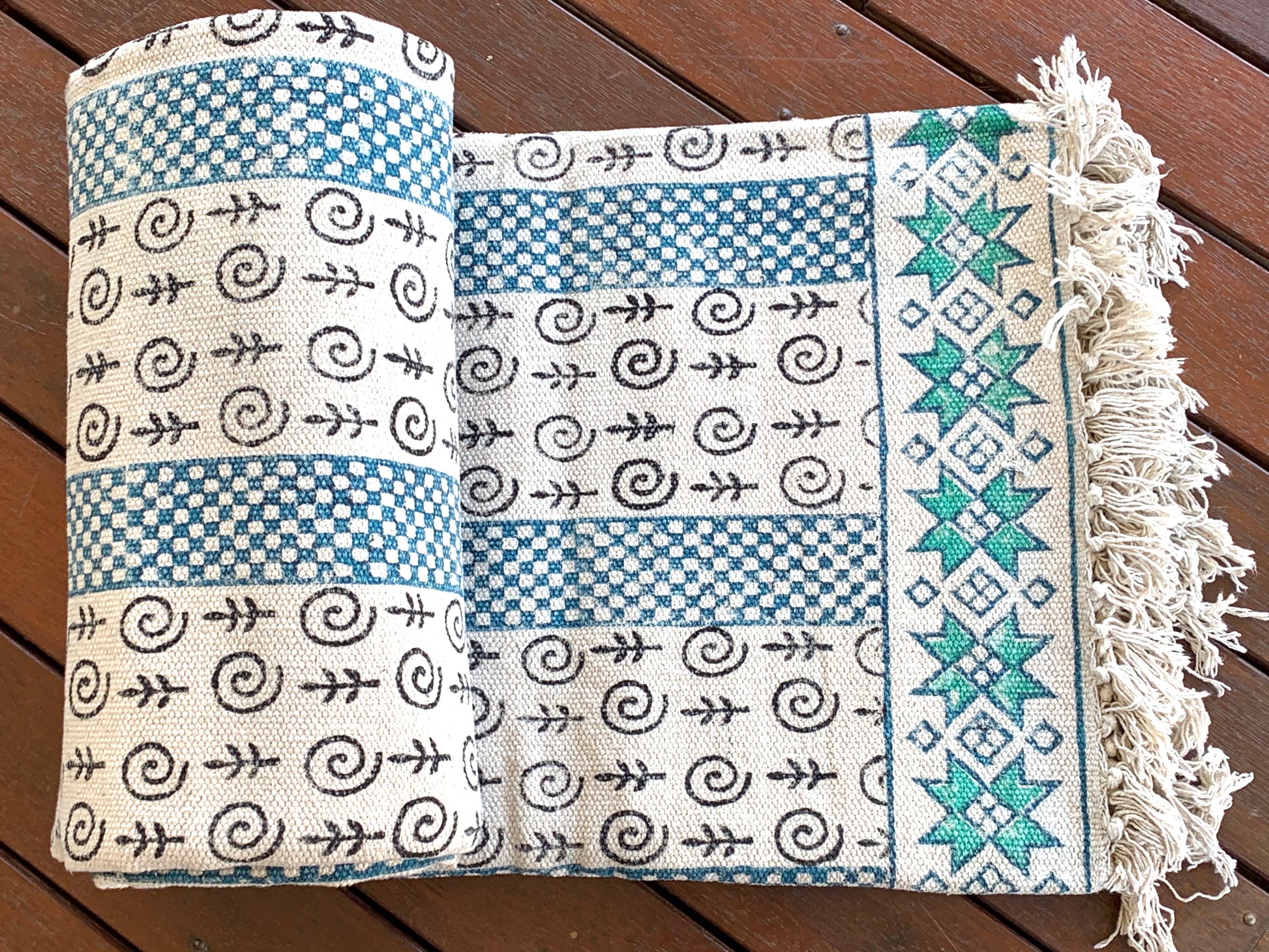 Handmade Beautiful Sarcelle Block Print Cotton Dari Carpet Serenity - Adore India