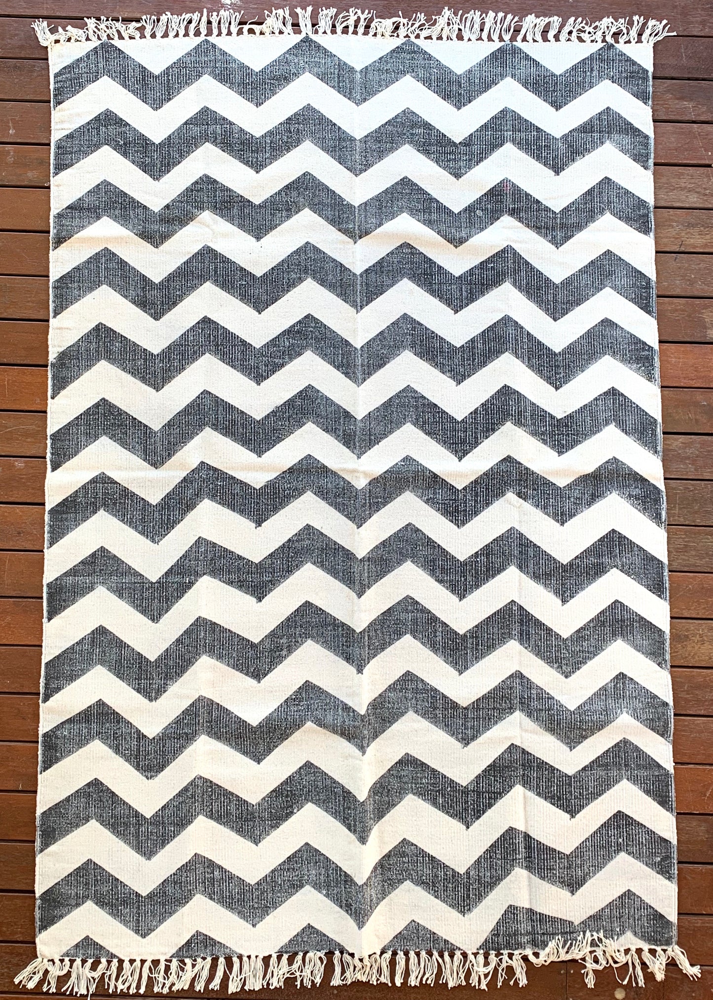Handmade Zigzag B&W Block Print Cotton Dhurrie Carpet - Adore India