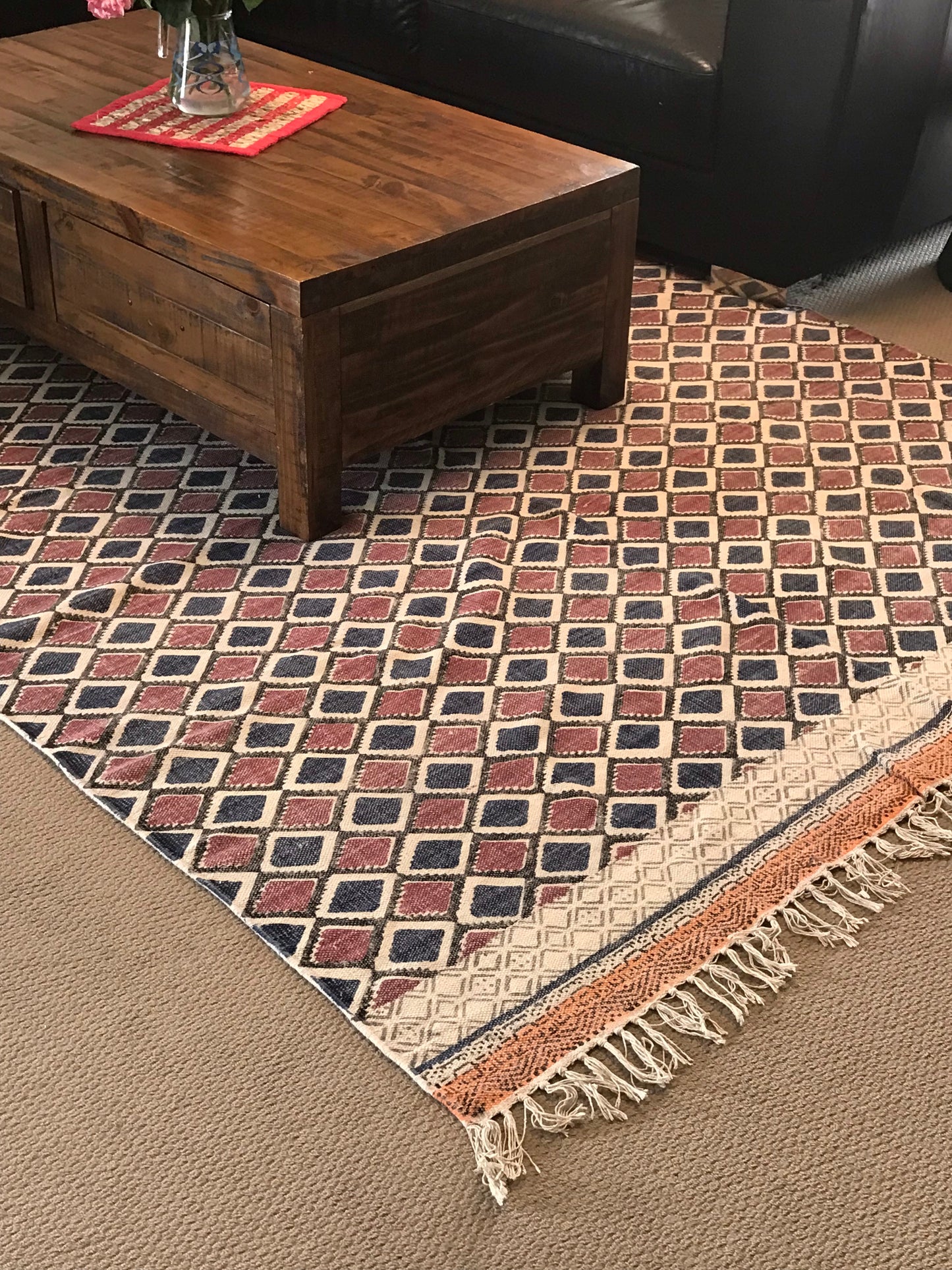 Handmade Beautiful Multi Ikat Block Print Dari Cotton Carpet - Adore India