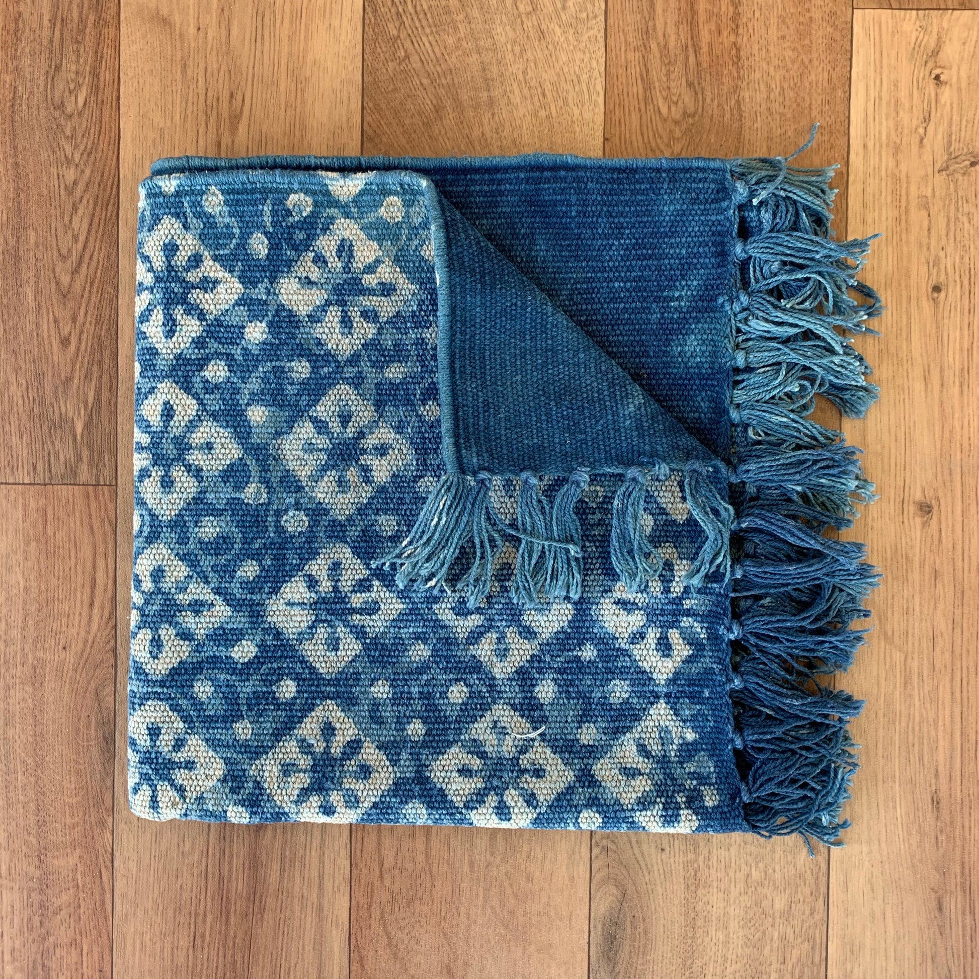 Handmade Geometrical Indigo Block Print Cotton Dhurrie Carpet Runner - Adore India