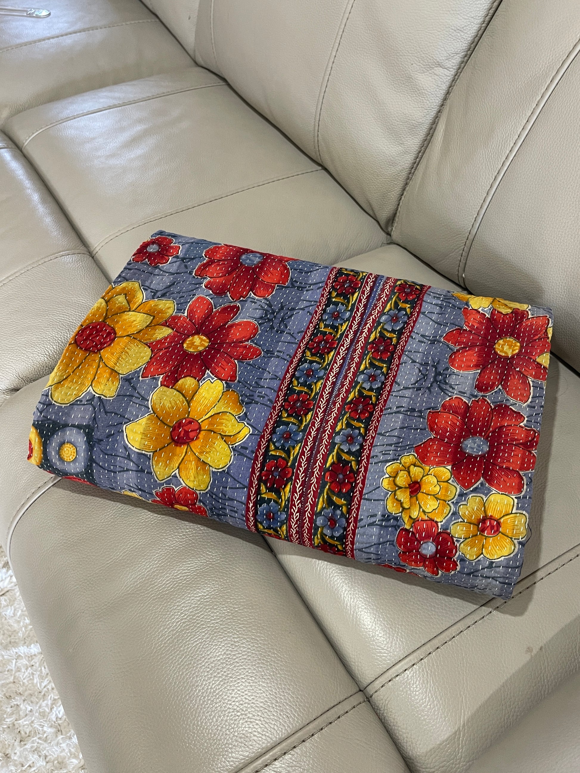 Hand Made Cotton Reversible Vintage Kantha Quilt Throw Bedspread Kavita - Adore India