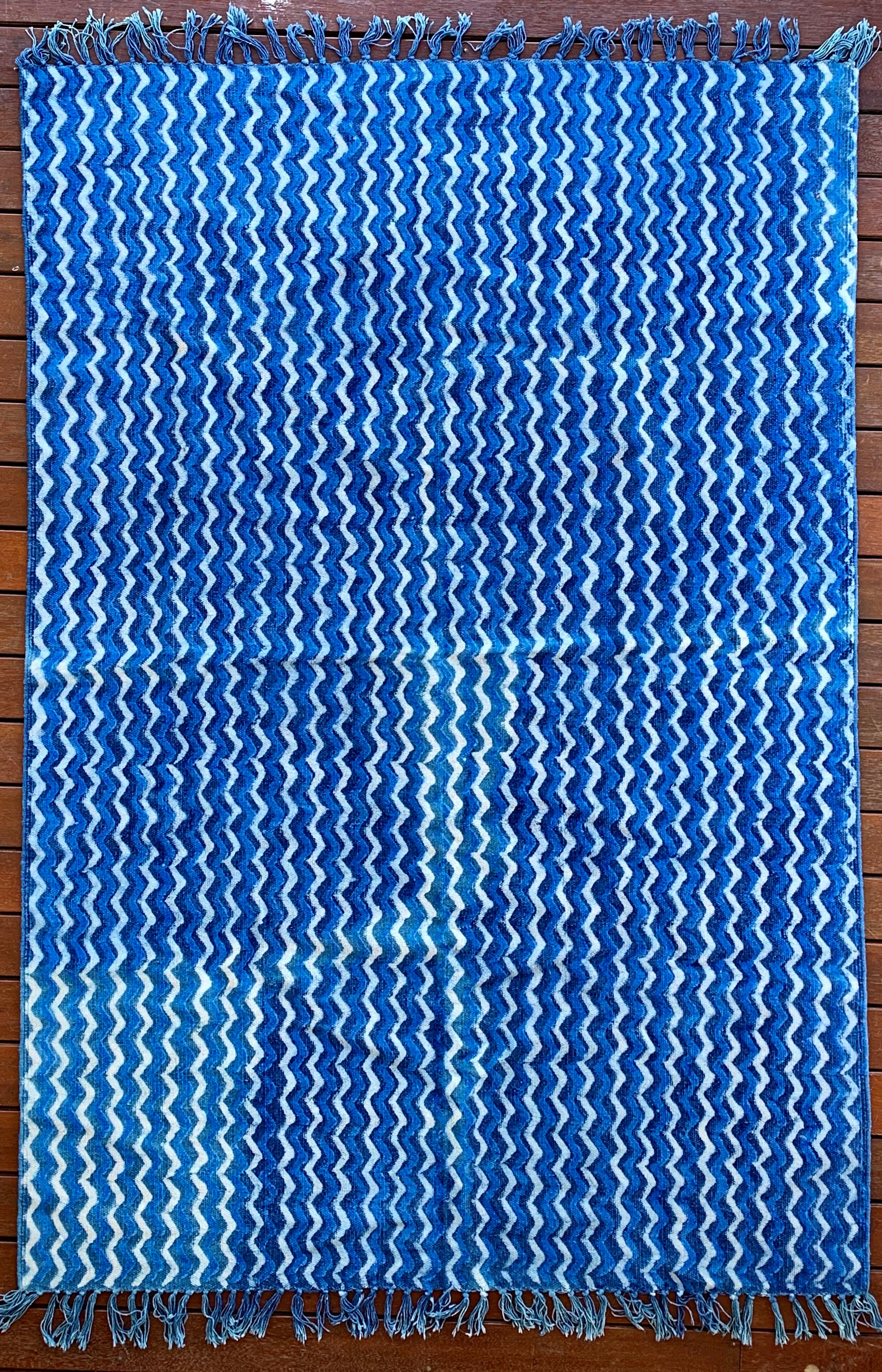 Handmade Geometrical Block Zigzag Print Indigo Cotton Dhurrie Carpet - Adore India