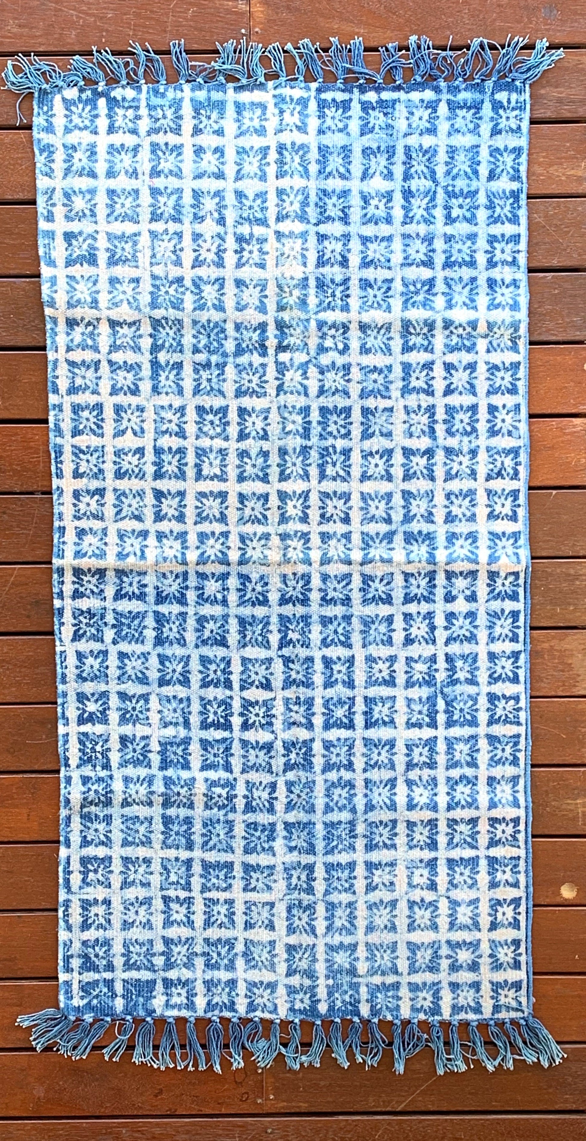 Handmade Geometrical Indigo Block Print Cotton Dhurrie Carpet Runner - Adore India