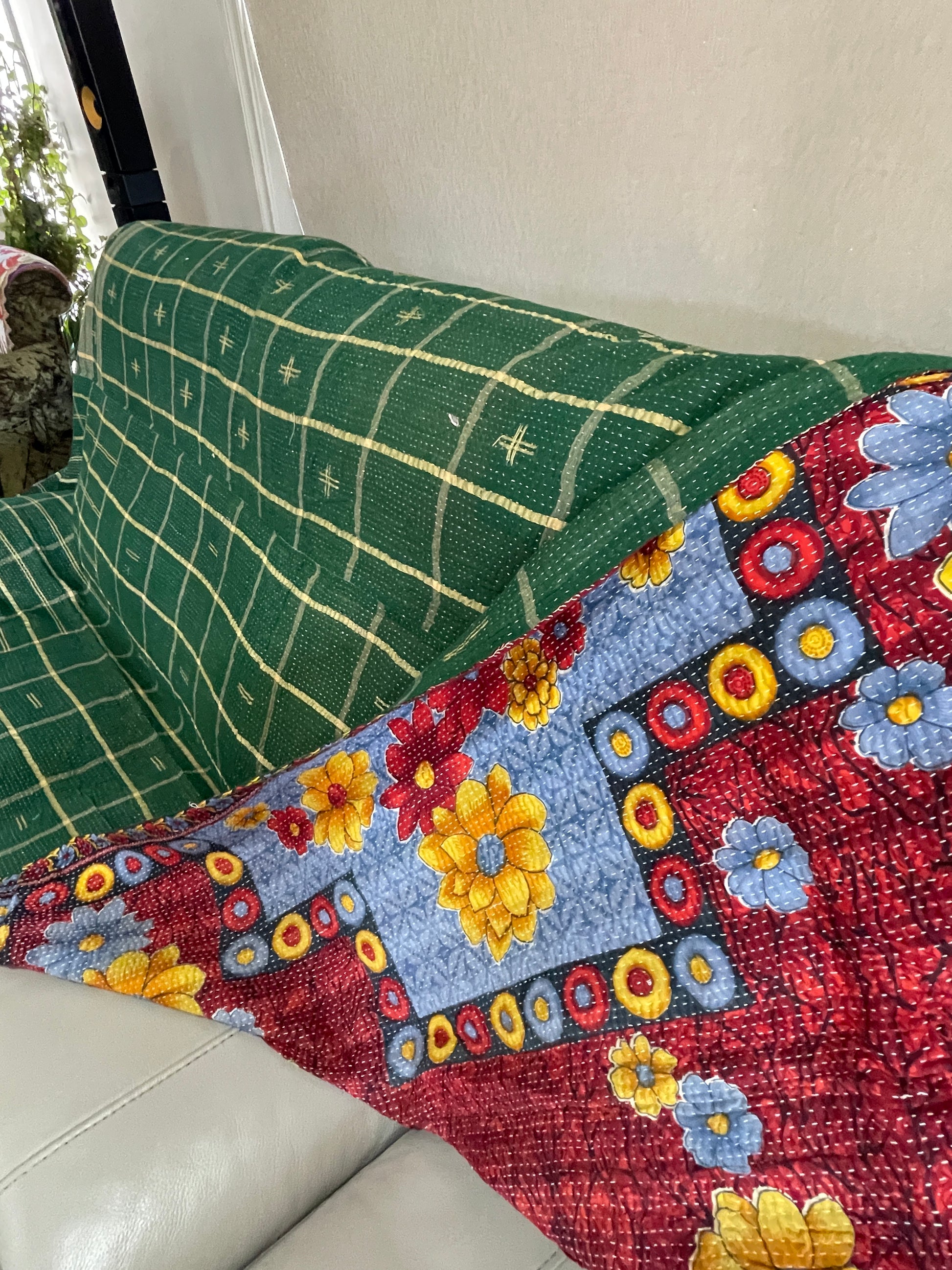 Hand Made Cotton Reversible Vintage Kantha Quilt Throw Bedspread Kavita - Adore India