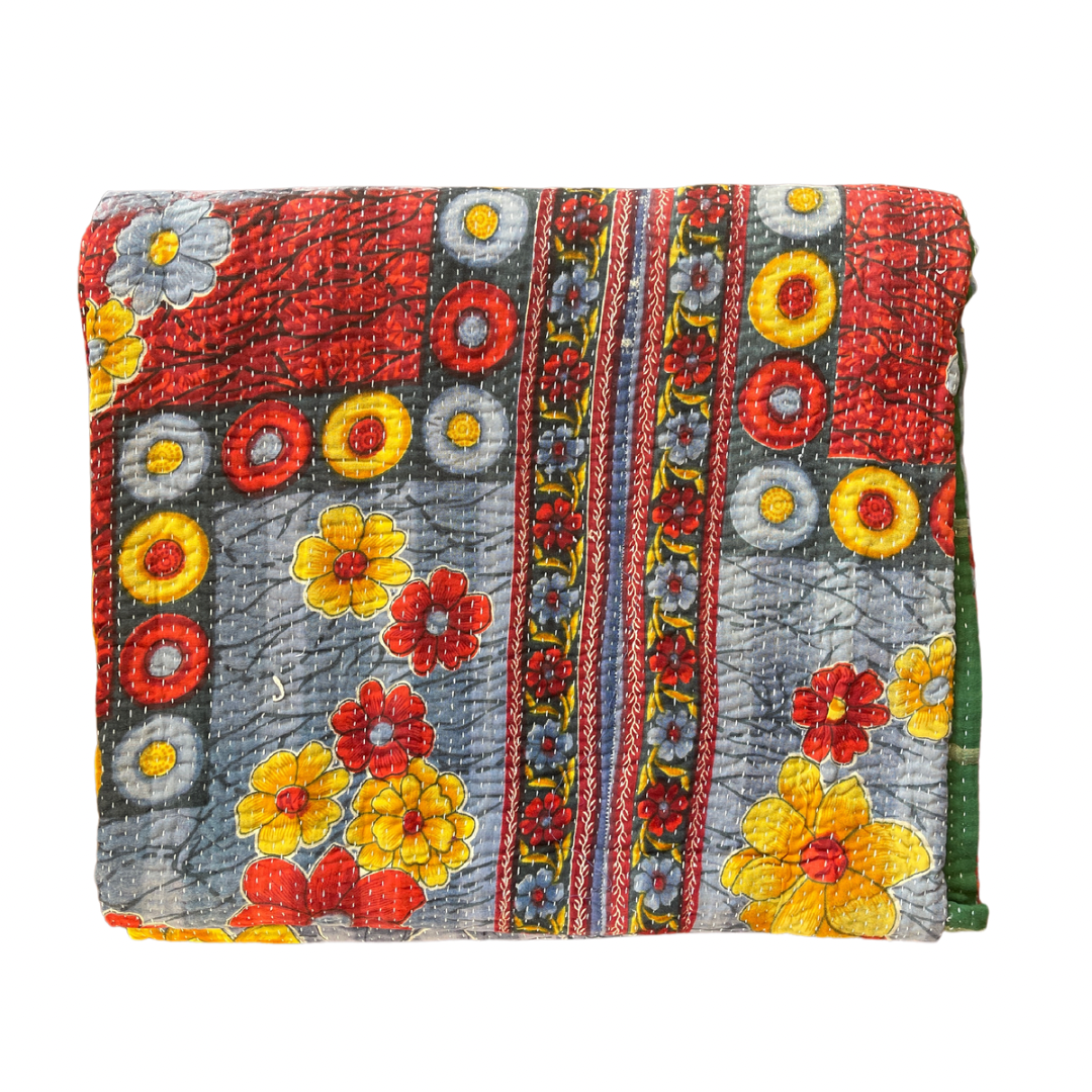Hand Made Cotton Reversible Vintage Kantha Quilt Throw Bedspread Kavita - Adore India