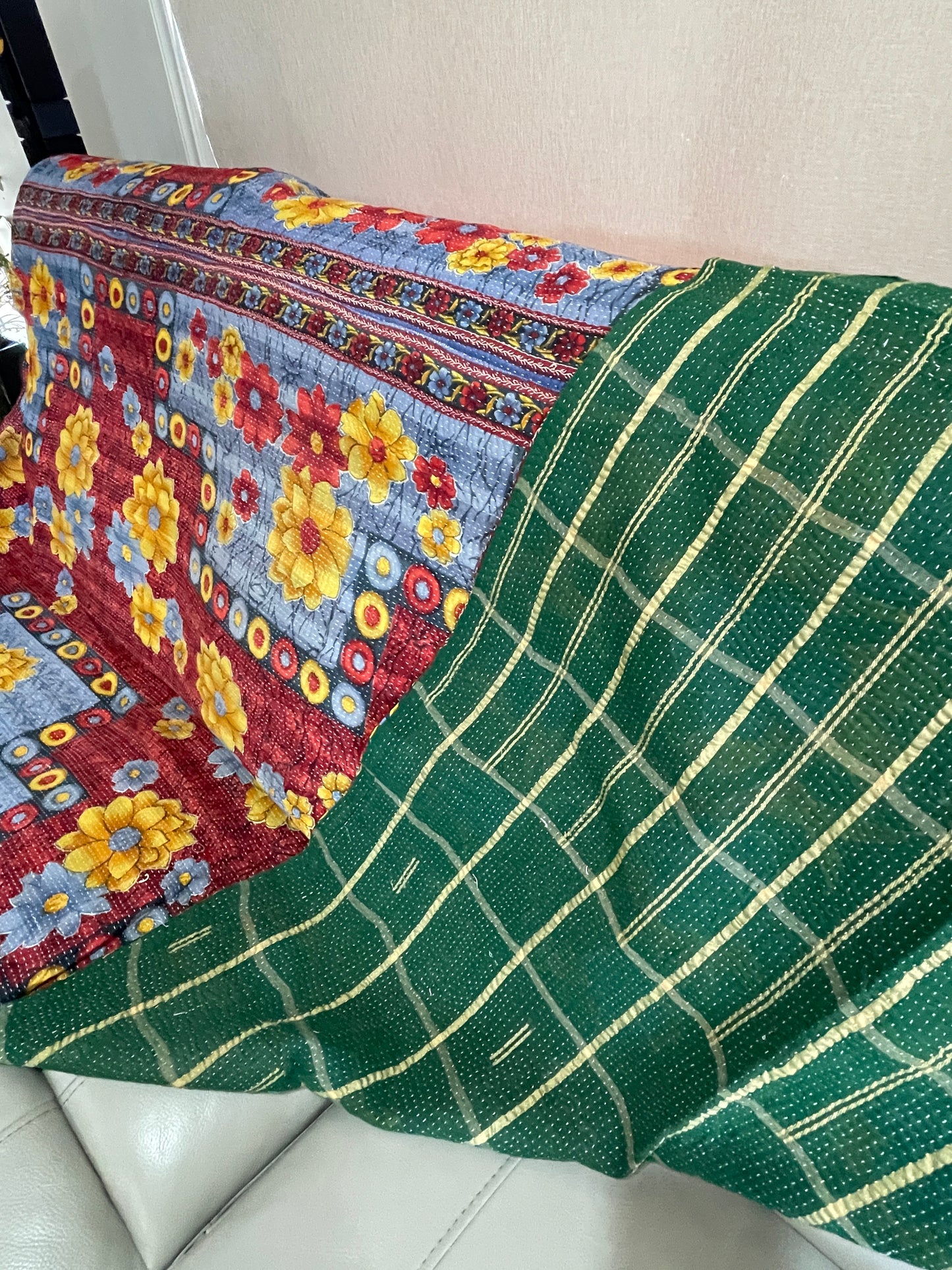 Hand Made Cotton Reversible Vintage Kantha Quilt Throw Bedspread Kavita - Adore India