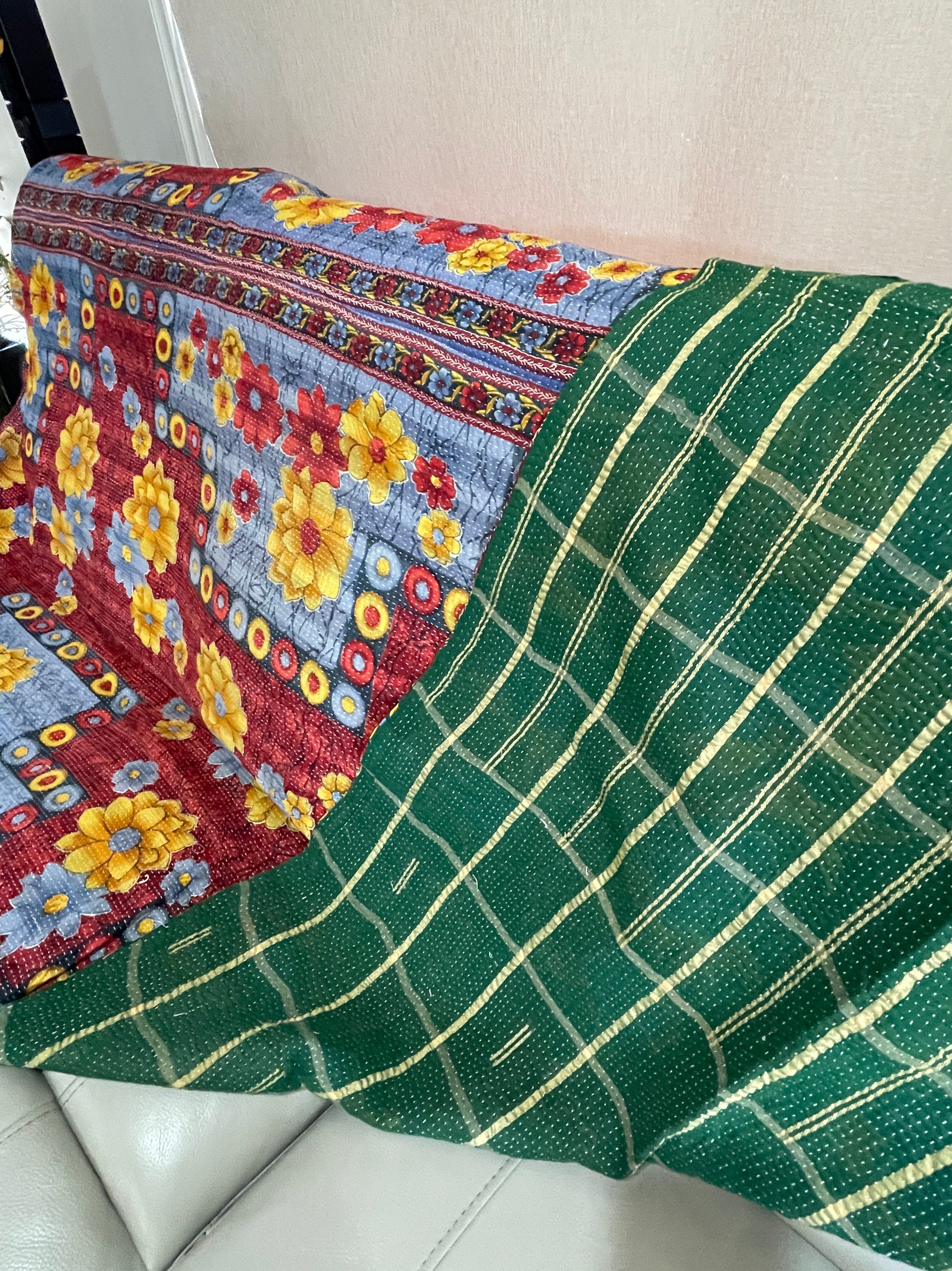 Hand Made Cotton Reversible Vintage Kantha Quilt Throw Bedspread Kavita - Adore India