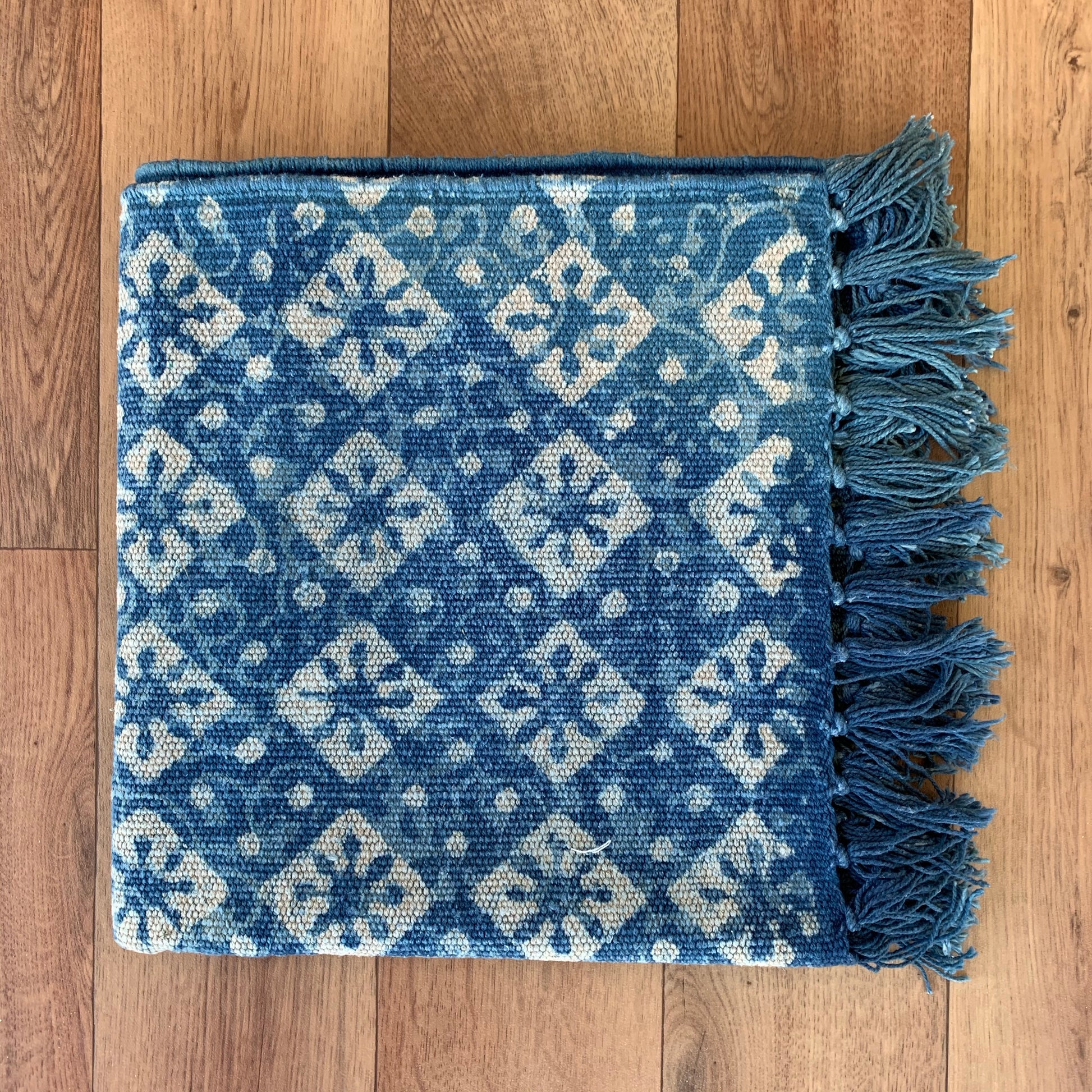 Handmade Geometrical Indigo Block Print Cotton Dhurrie Carpet Runner - Adore India