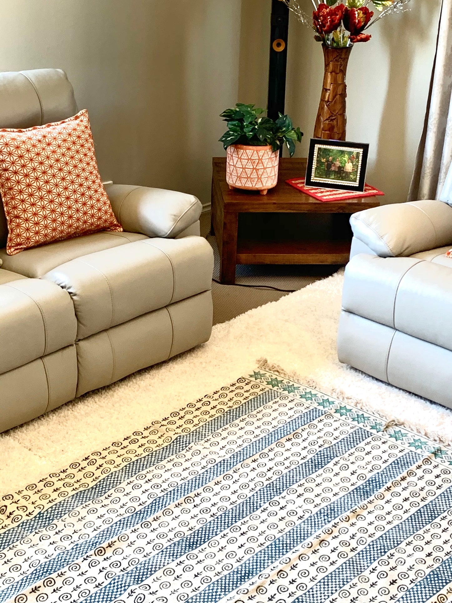Handmade Beautiful Sarcelle Block Print Cotton Dari Carpet Serenity - Adore India