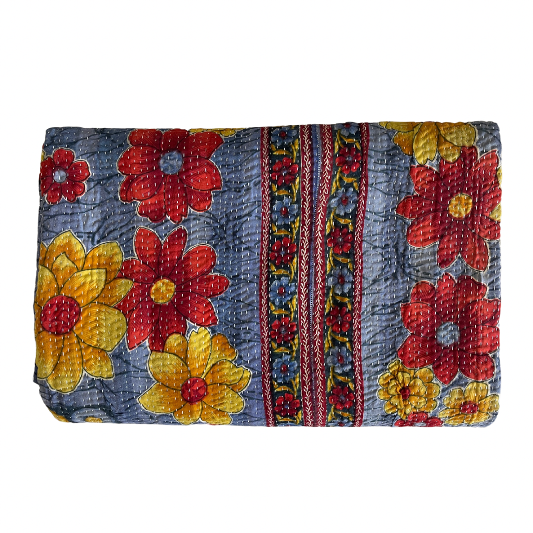 Hand Made Cotton Reversible Vintage Kantha Quilt Throw Bedspread Kavita - Adore India