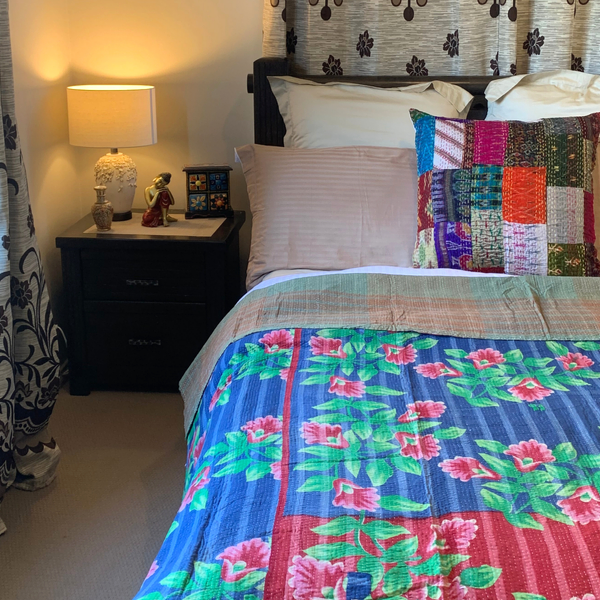 Indian Handmade Cotton Reversible Vintage Kantha Quilt Bedspread Throw- Malini - Adore India