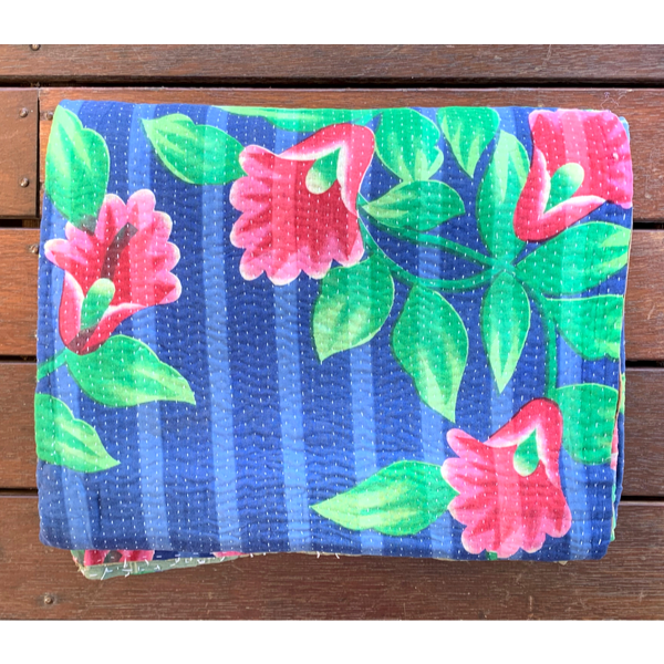 Indian Handmade Cotton Reversible Vintage Kantha Quilt Bedspread Throw- Malini - Adore India