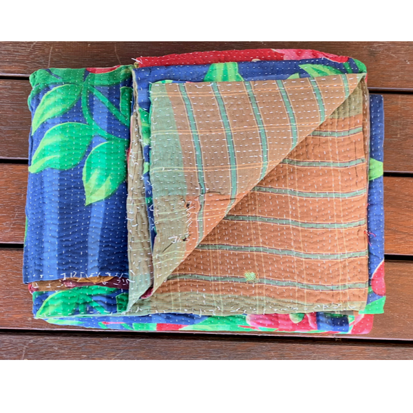 Indian Handmade Cotton Reversible Vintage Kantha Quilt Bedspread Throw- Malini - Adore India