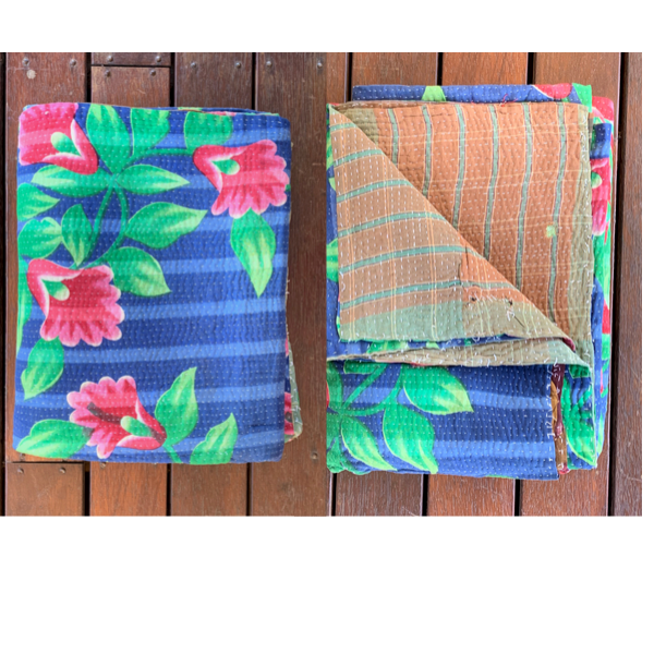 Indian Handmade Cotton Reversible Vintage Kantha Quilt Bedspread Throw- Malini - Adore India