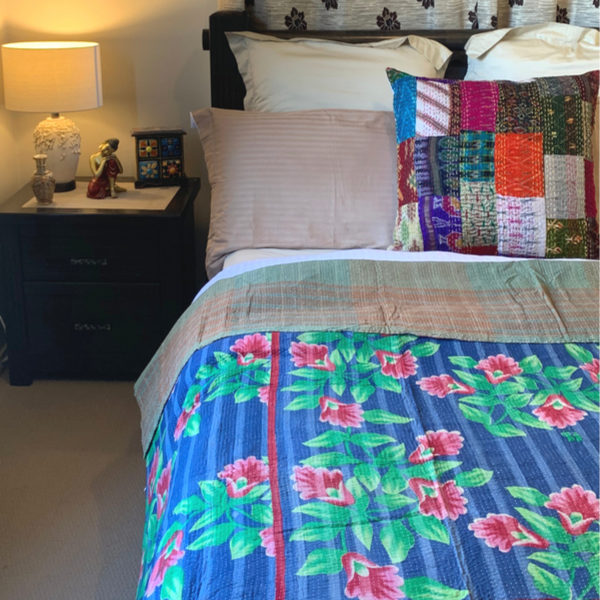 Indian Handmade Cotton Reversible Vintage Kantha Quilt Bedspread Throw- Malini - Adore India