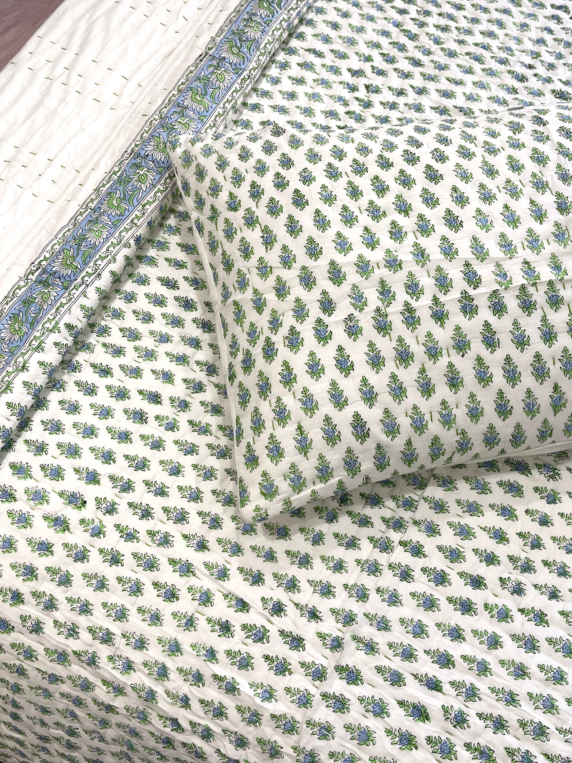 Hand Made Cotton Block Printed Padded Kantha Quilt - Adore India   