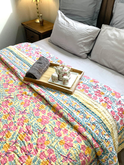 Yellow Pink Floral Cotton Padded Kantha Bedspread Quilt Comforter