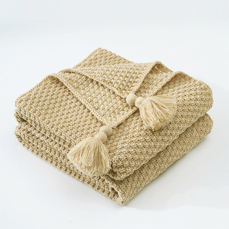 Beige Nordic Solid Colour Tassel Knitted Blanket Throw