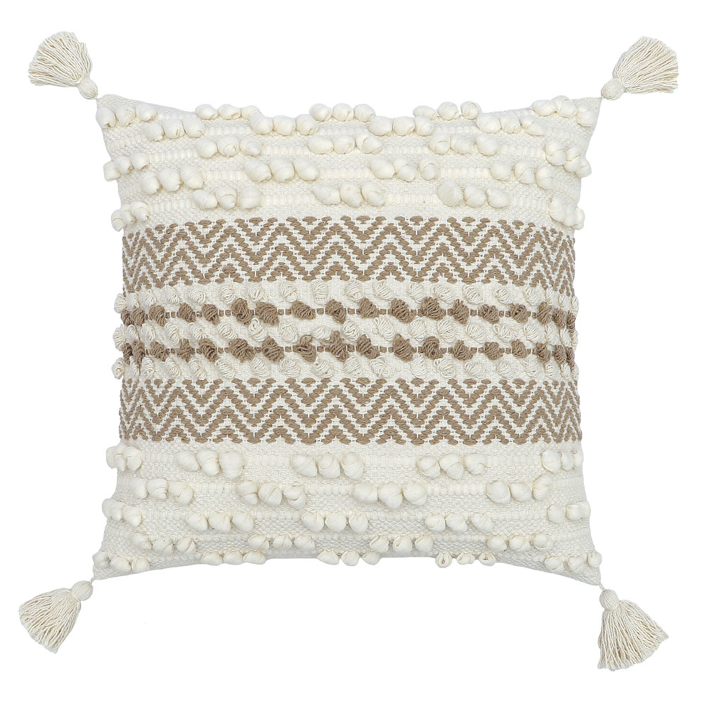 Boho Beach Cushion Cover with Beige Zigzag Pattern and Tassels