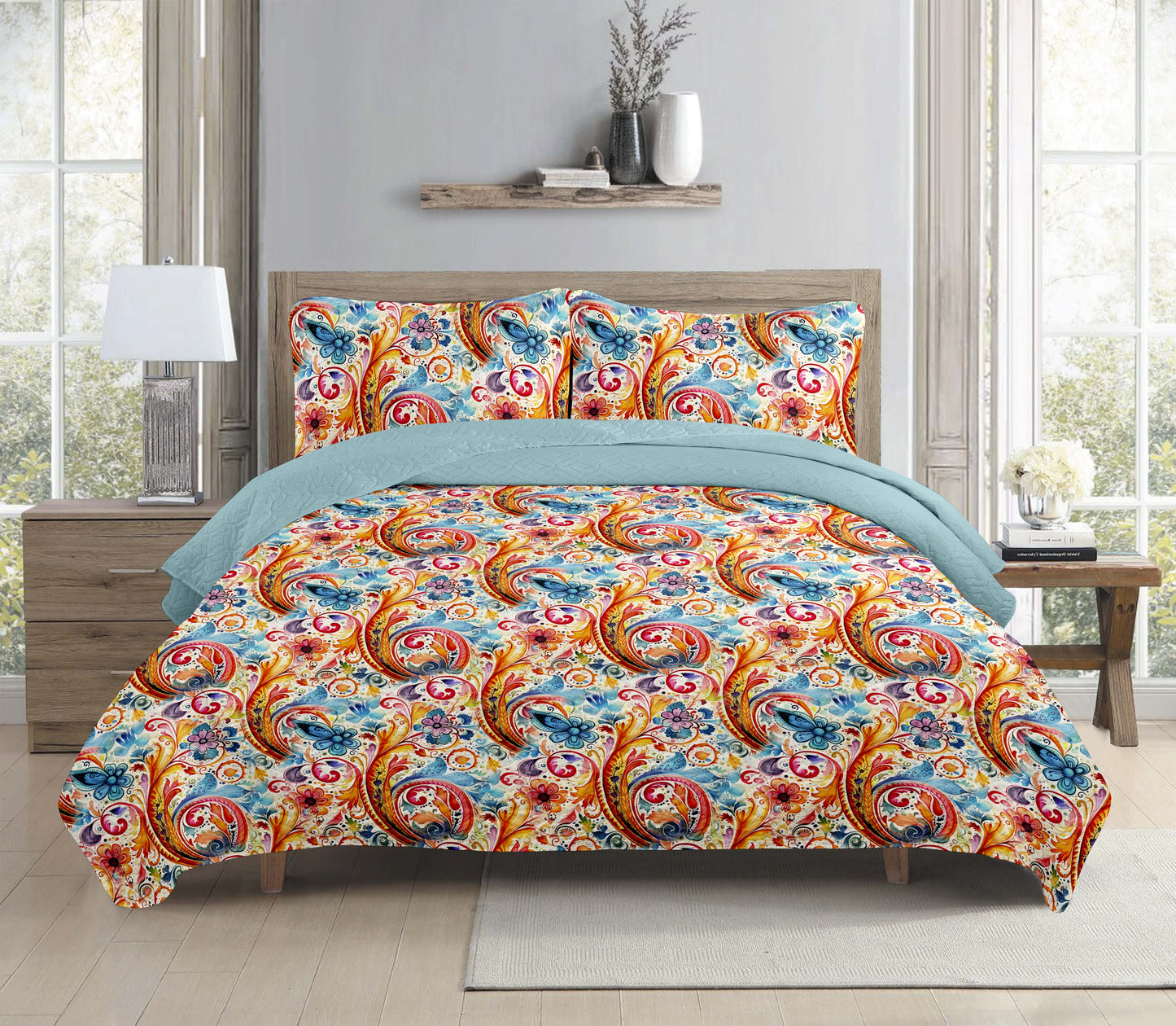 Boho Turquoise Abstract Printed Cotton Reversible Summer Lightweight Quilt Set - Adore India   