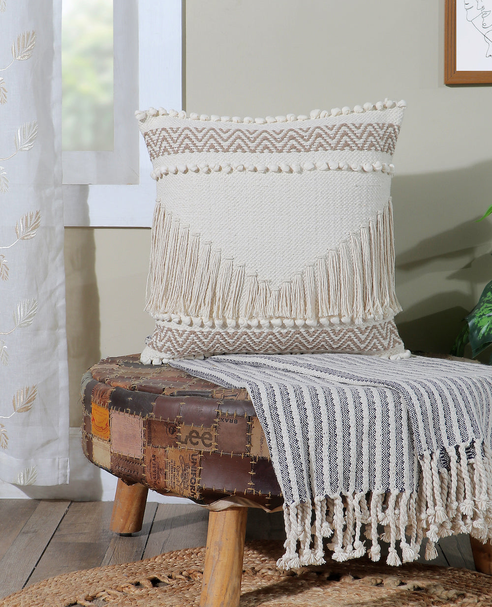 Boho Cushion Cover with Fringe and Tufted Chevron Design Beige and White