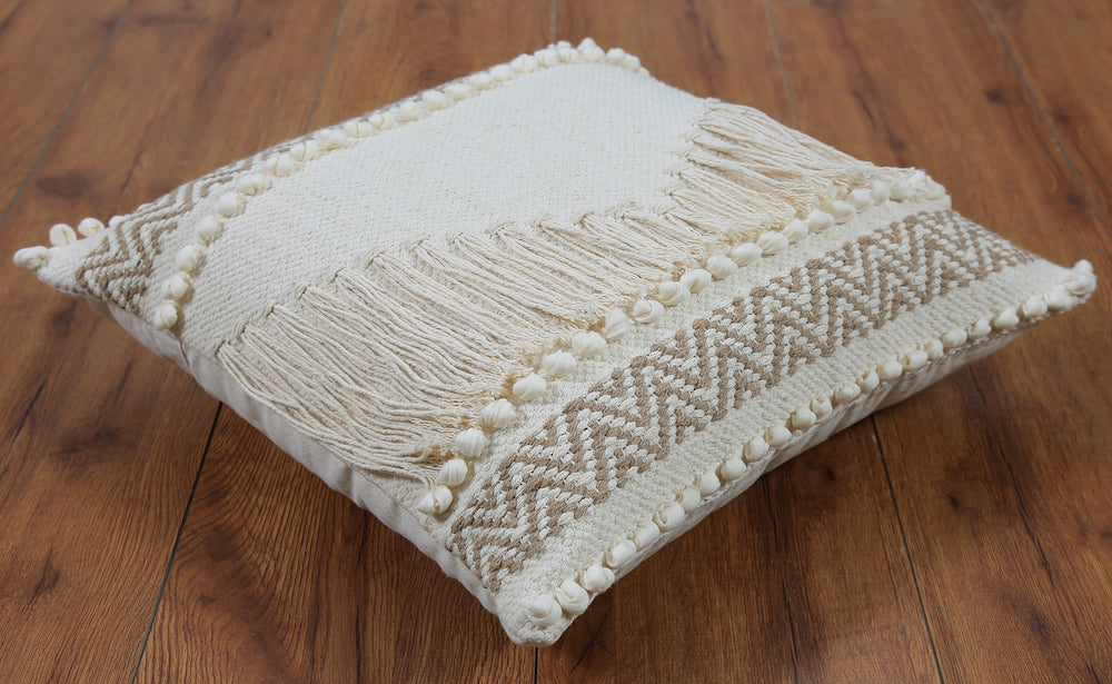 Boho Cushion Cover with Fringe and Tufted Chevron Design Beige and White