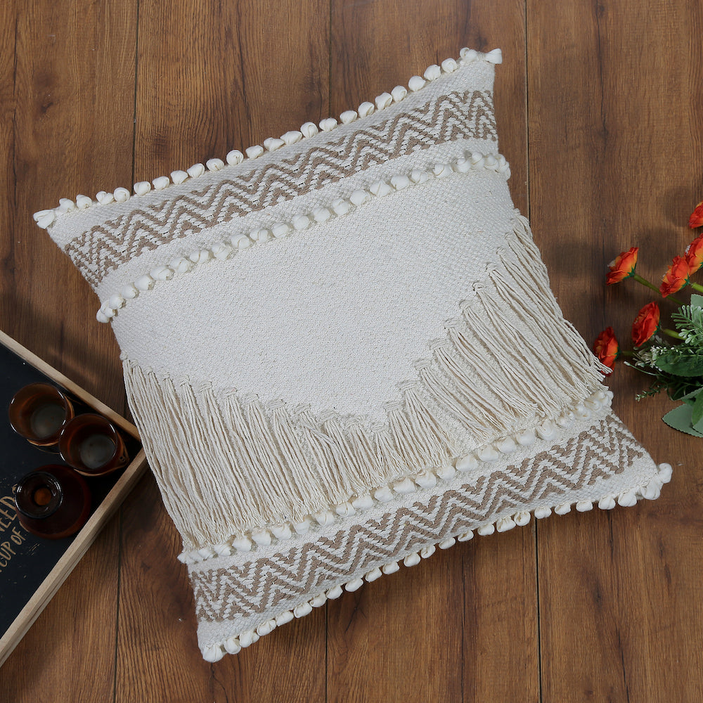 Boho Cushion Cover with Fringe and Tufted Chevron Design - Beige and White