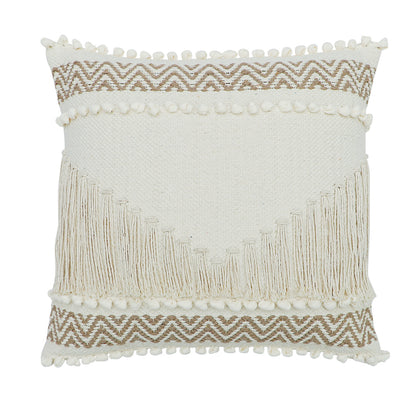 Boho Cushion Cover with Fringe and Tufted Chevron Design Beige and White