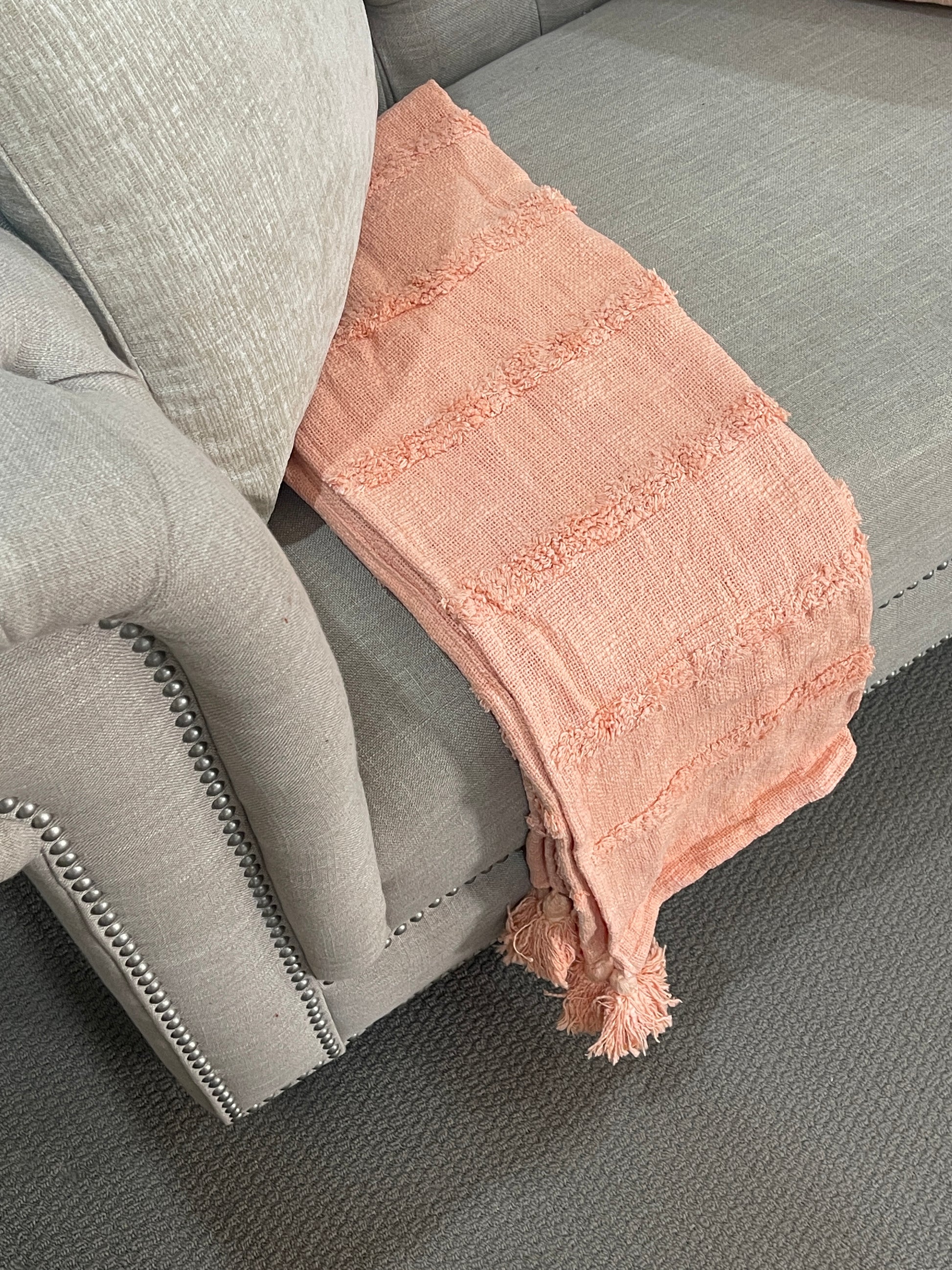 Bohemian Peach Stripe Cotton Bedding Tufted Throw Blanket - Adore India   