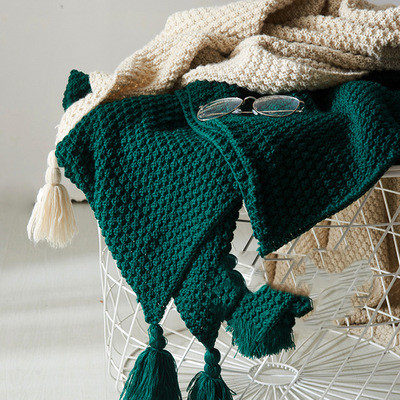 Green Nordic Solid Colour Tassel Knitted Blanket Throw
