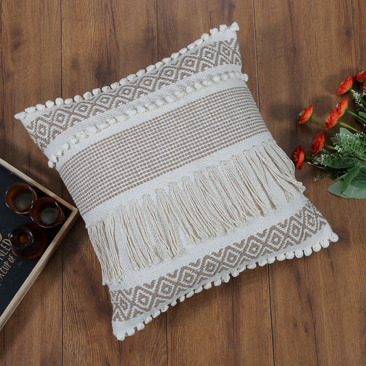 Boho Cushion Cover with Tassels and Diamond Pattern Beige and White