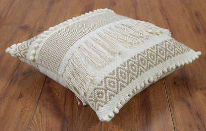 Boho Cushion Cover with Fringes and Diamond Pattern Beige and White